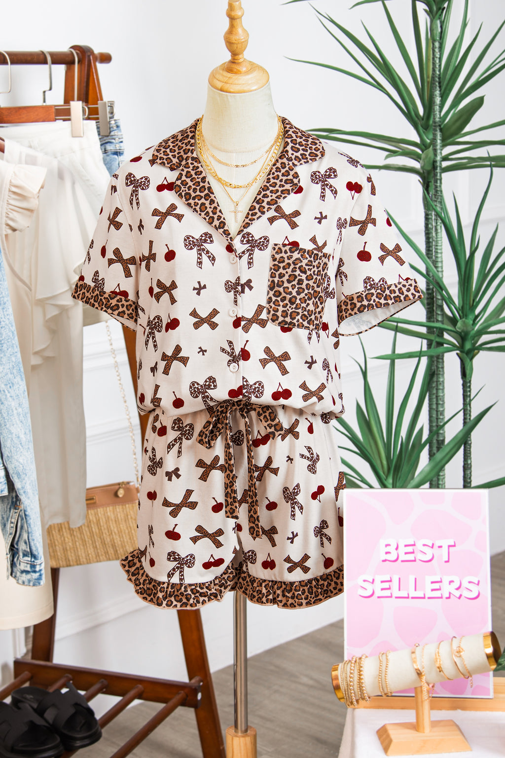 White Chic Bow Cherry Printed Leopard Contrast Patchwork Shirt Drawstring Shorts 2pcs PJ Set