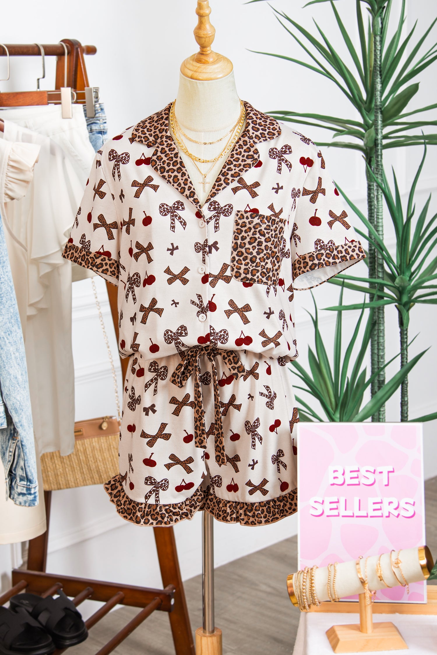 White Chic Bow Cherry Printed Leopard Contrast Patchwork Shirt Drawstring Shorts 2pcs PJ Set