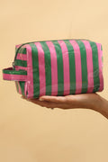 Dark Green PVC Striped Cosmetic Bag Durable Zipper Handle Travel Organizer