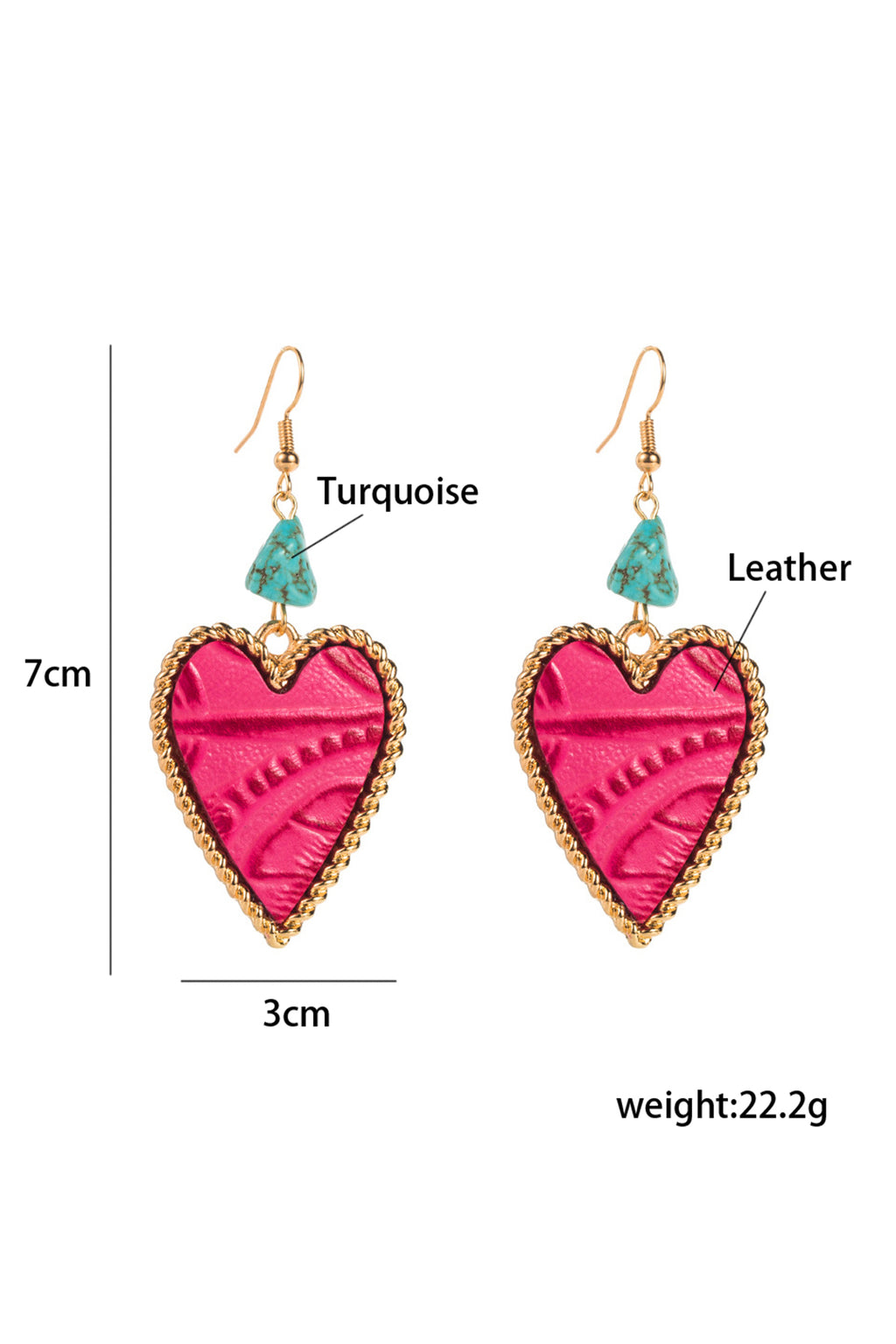 Rose Red Playful Heart Dangle Turquoise Detail Open Hook Earrings