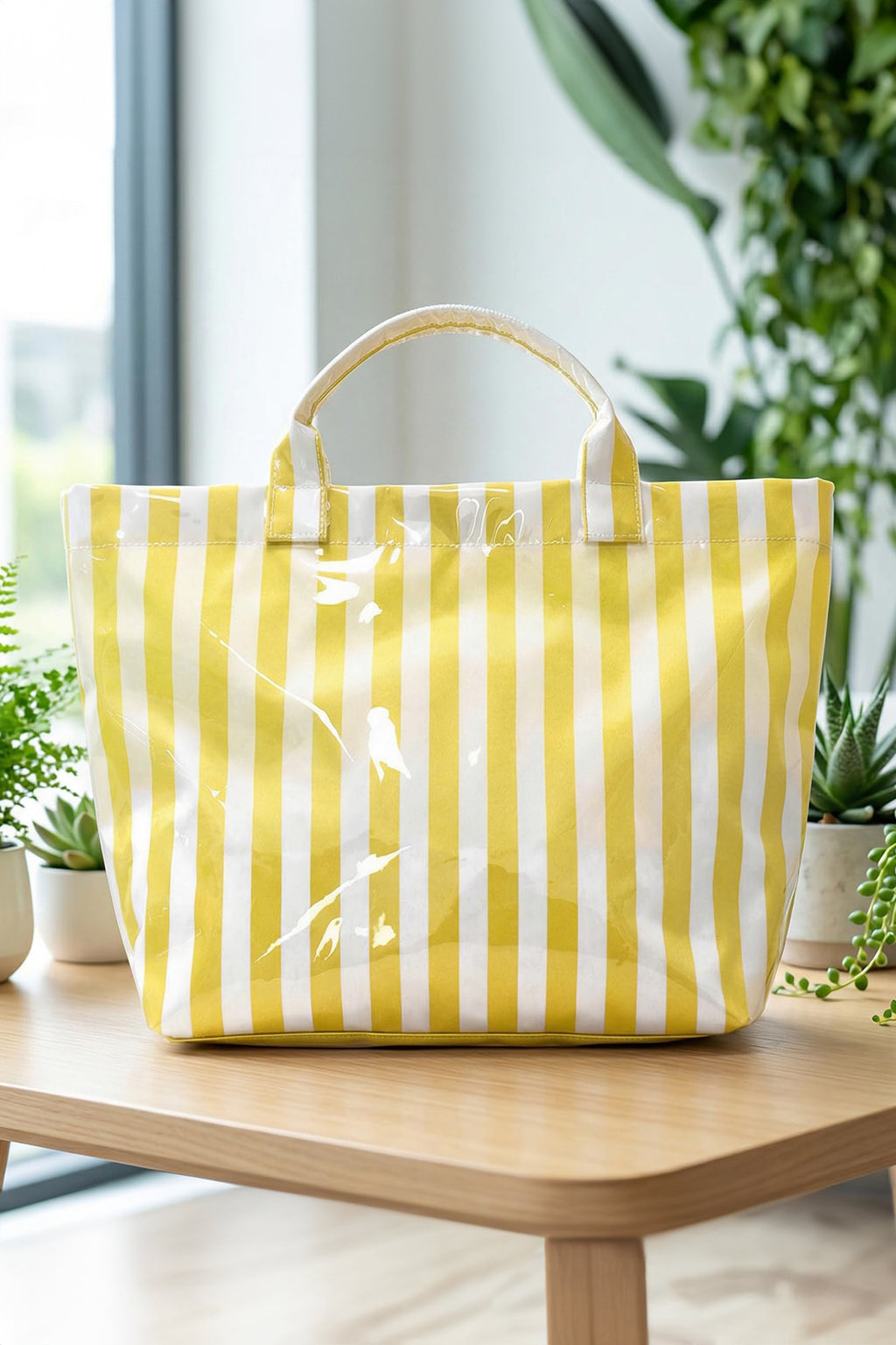 Yellow Cream Glossy Striped Vinyl Large Tote Bag (Color Varied)
