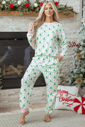Green Bow Christmas Tree Print Contrast Striped Banding 2pcs Lounge Set