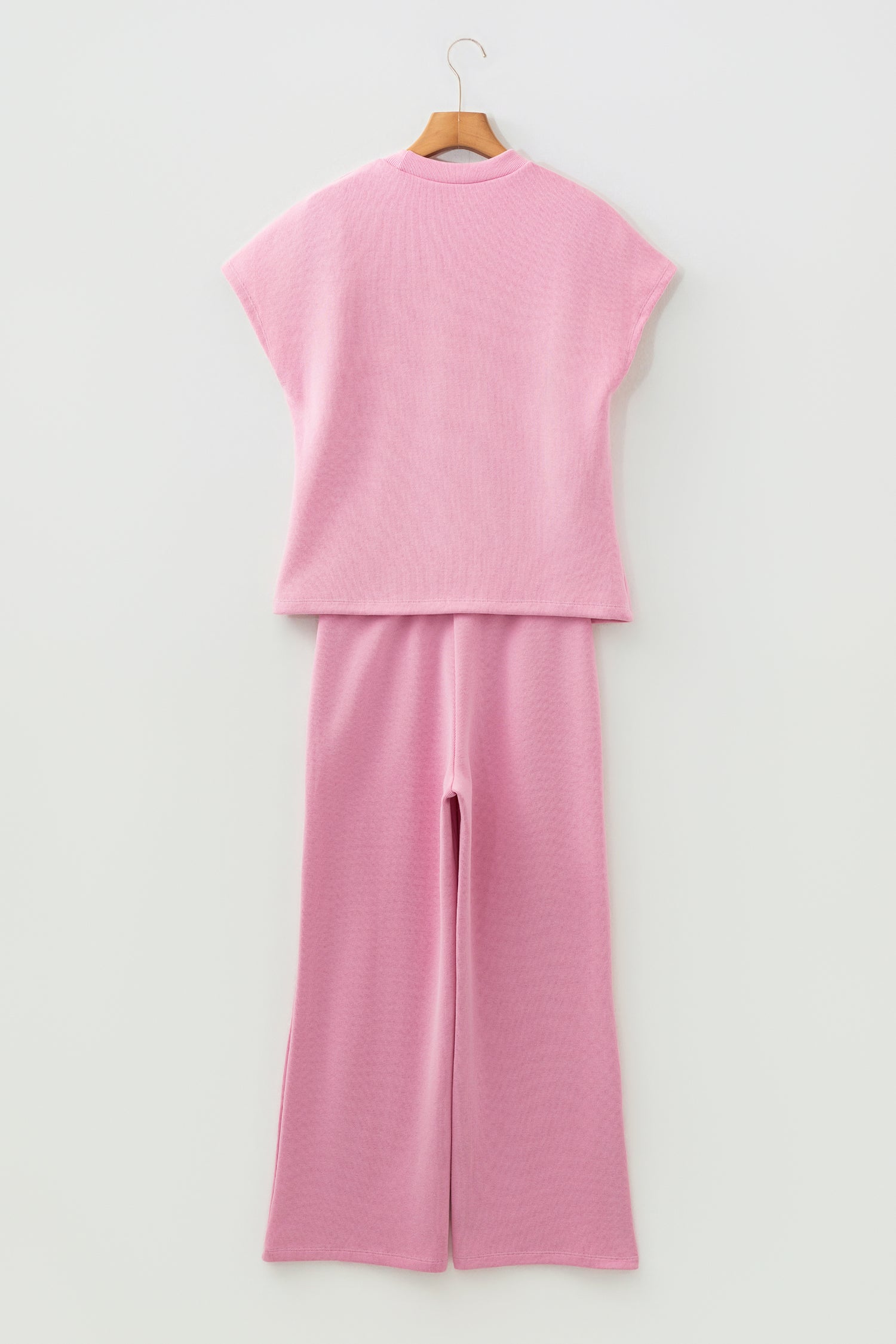 Pink Textured Knit High Neck Loose Tee Elastic Waist Loose Pant Set