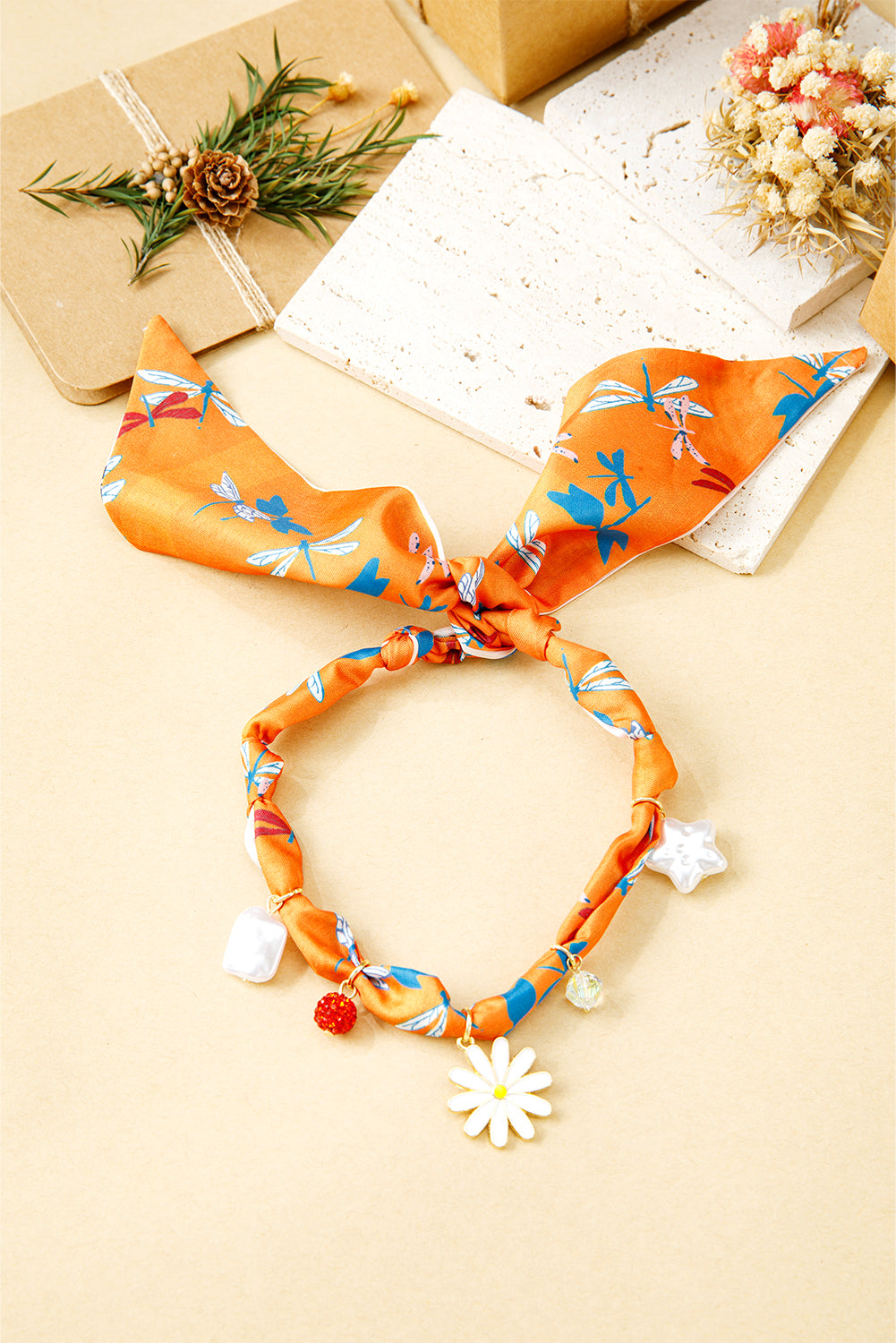 Orange Dragonfly Print Daisy Flower Pearl Crystal Decor Ribbon Necklace