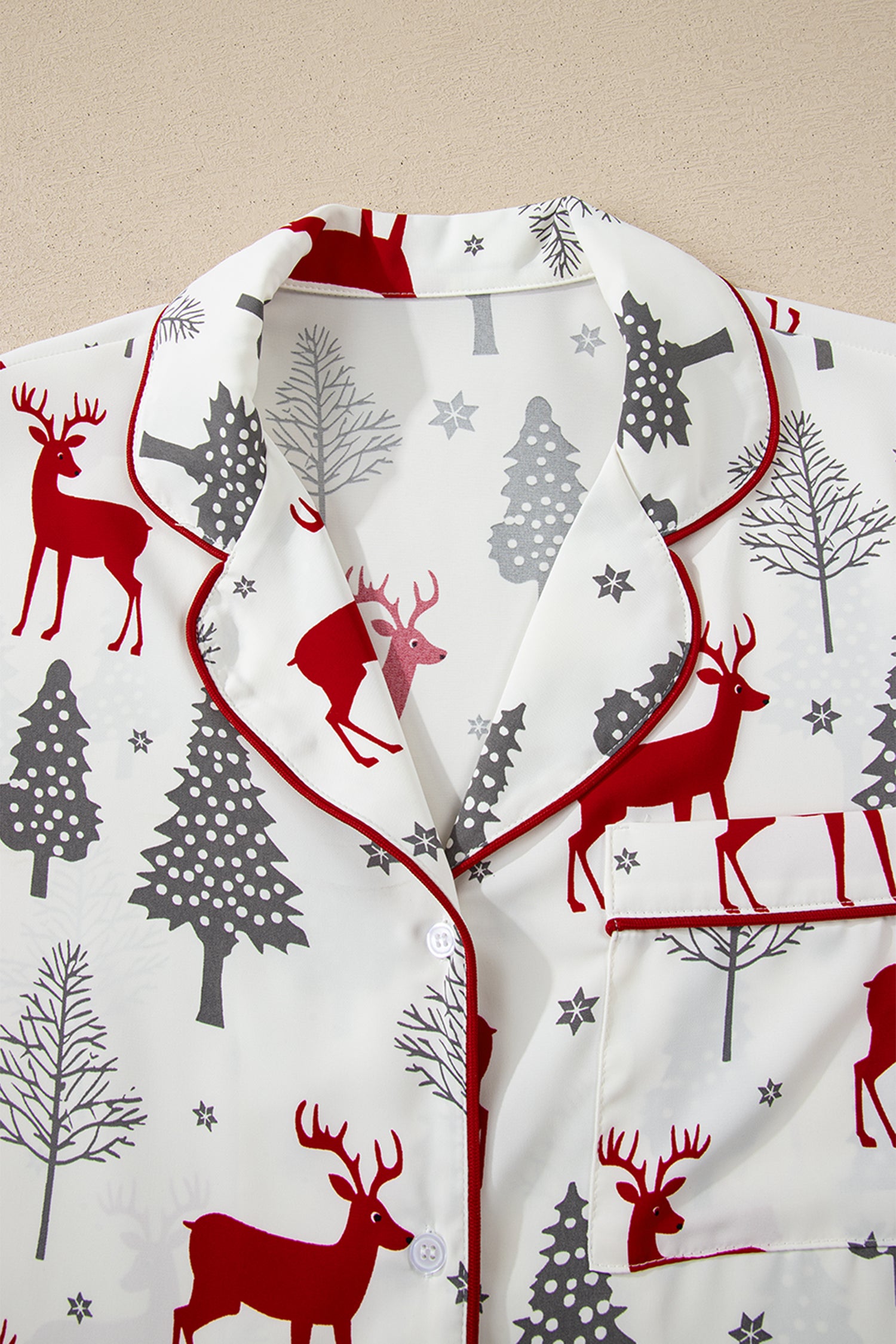 White Christmas Fashion Print Velvet Trim Bow Knot Pajama 2pcs Short Set
