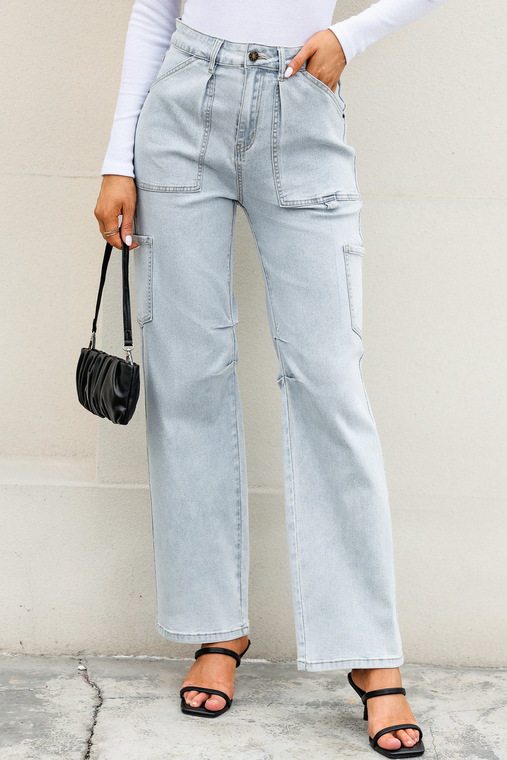 Sky Blue Multi Pocketed Y2K Street Fashion Shift Jeans