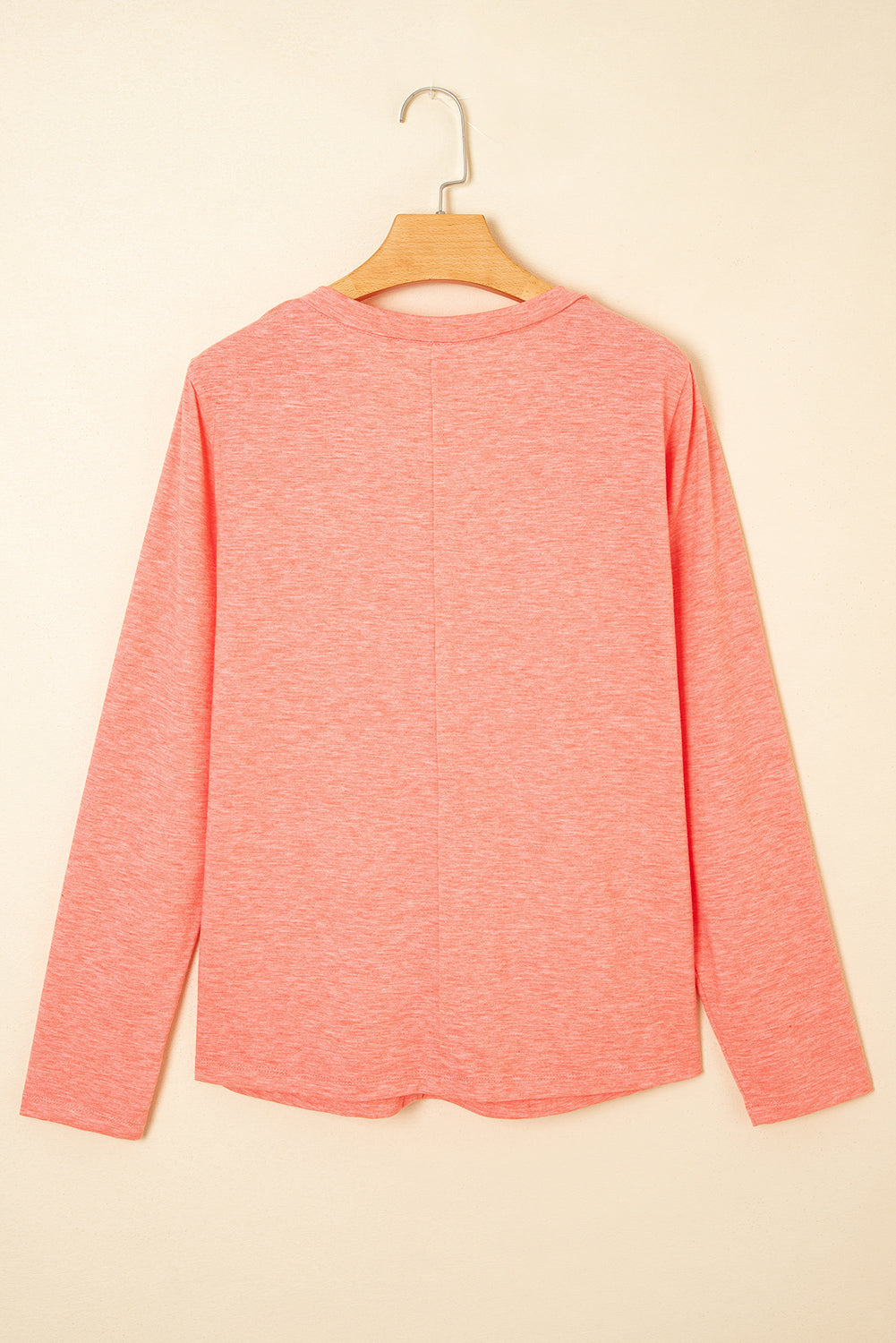 Fresh Salmon Floral Patchwork V Neck Long Sleeve T Shirt