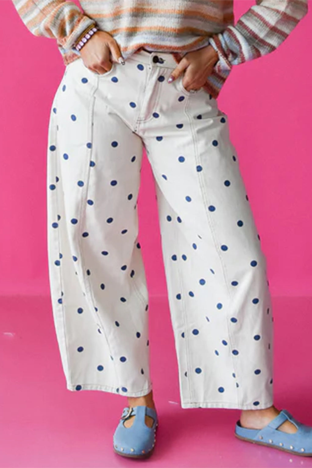 Blue Tailored Seam Polka Dot Print Barrel Casual Jeans