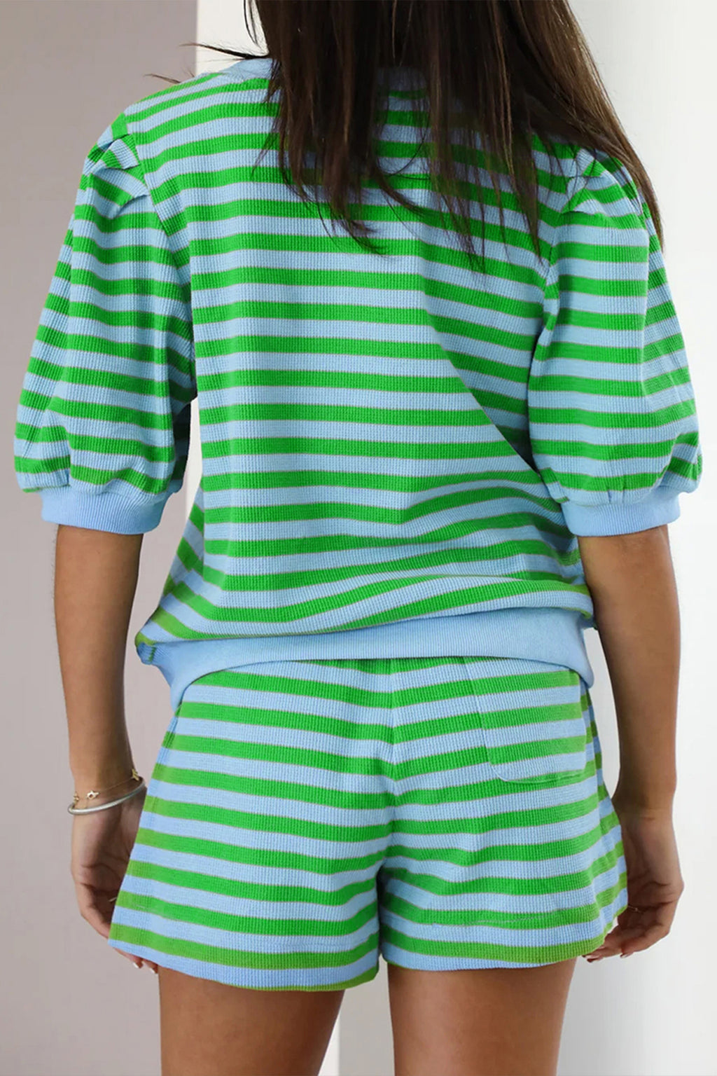 Green Stripe Plus Size Colorblock Detail Puff Sleeve Top Drawstring Shorts 2pcs Outfit