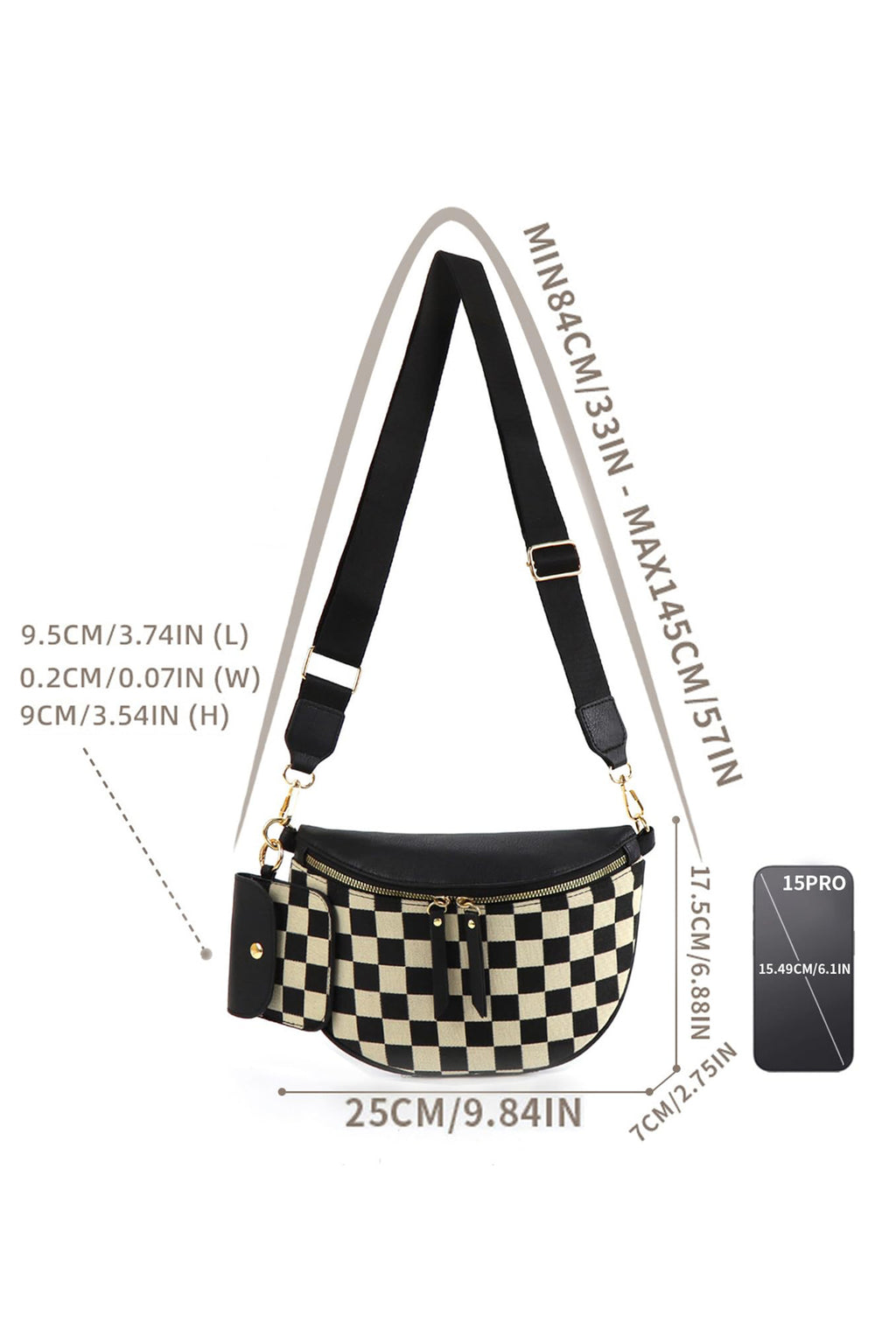Black PU Leather Checkered Knit Patchwork Wallet Attached Shoulder Bag