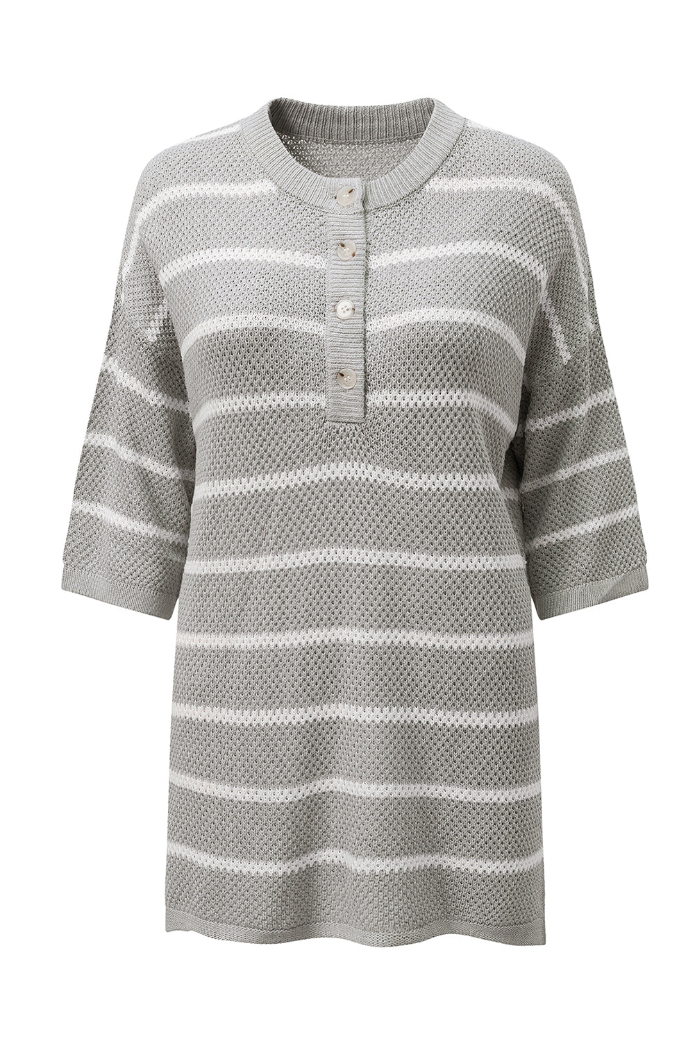 Gray Stripe Henley Buttoned Placket Drop Shoulder Bracelet Sleeve Knit Sweater Tee