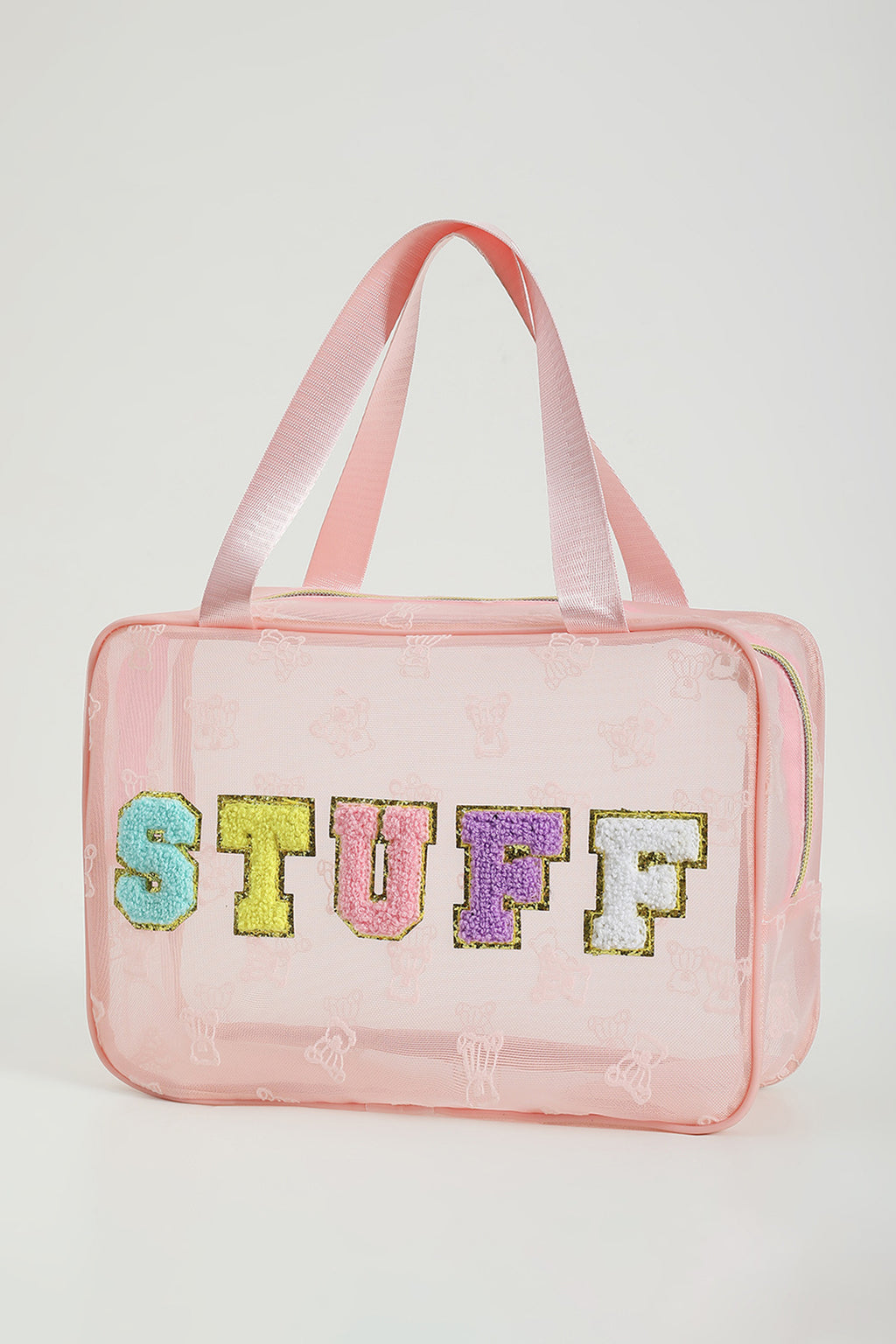 Pink STUFF Chenille Letter Patched Teddy Bear Mesh Lightweight Makeup Bag