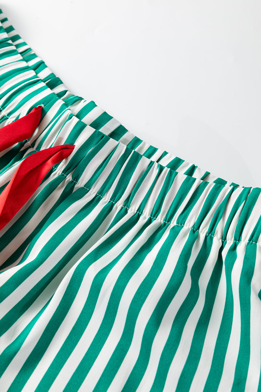 Green Stripe Contrast Velvet Trim Bow Knot Waist 2pcs Pajama Set