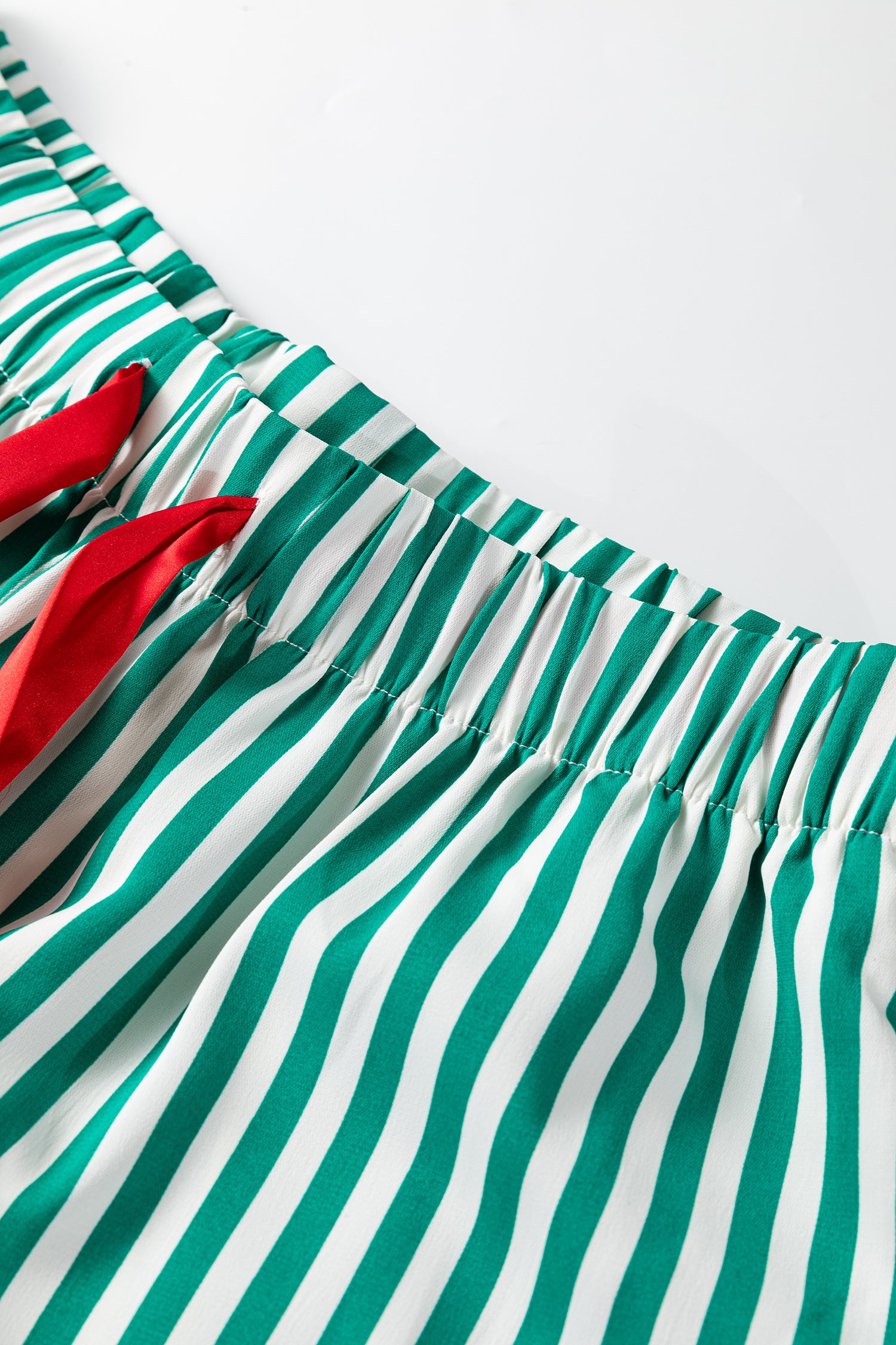 Green Stripe Contrast Velvet Trim Bow Knot Waist 2pcs Pajama Set