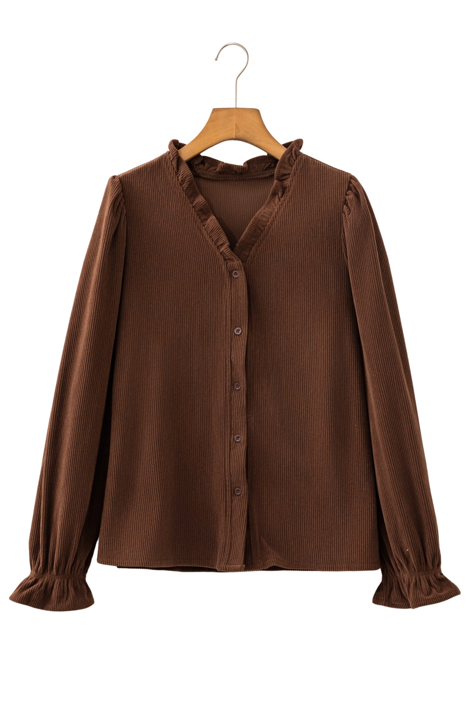 Coffee Solid Color Ruffle Trim V Neck Long Sleeve Button Corduroy Shakcet
