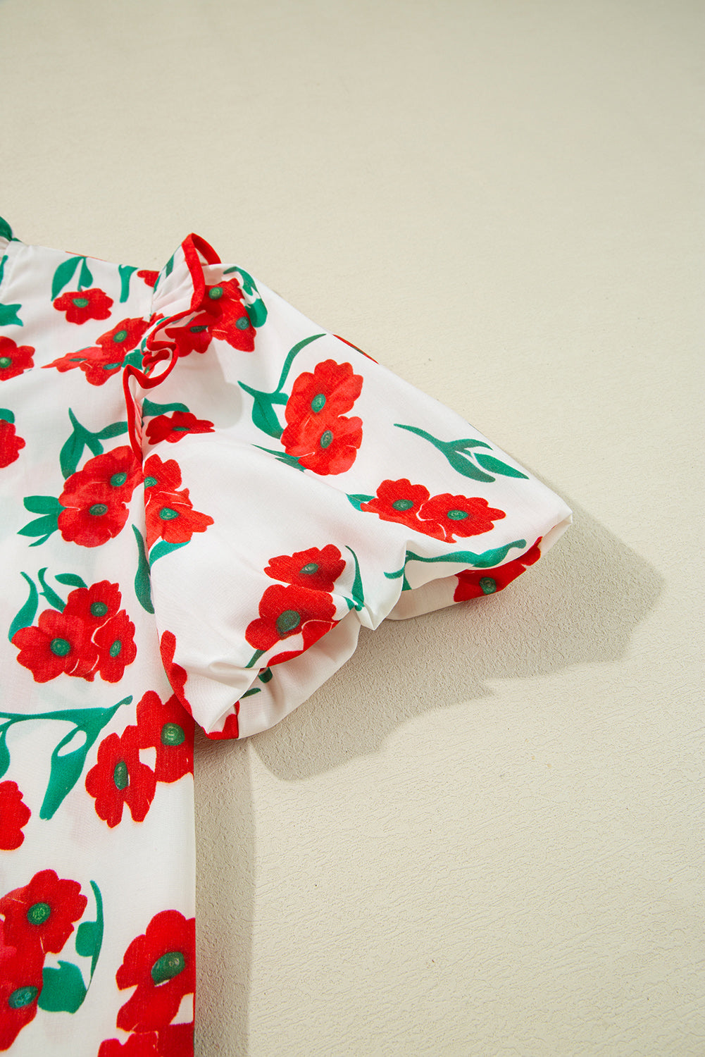 Red Floral Print Ruffled Puff Sleeve Elegant Summer Shirt