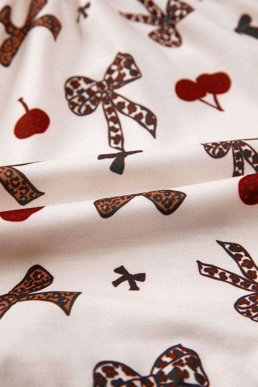 White Chic Bow Cherry Printed Leopard Contrast Patchwork Shirt Drawstring Shorts 2pcs PJ Set