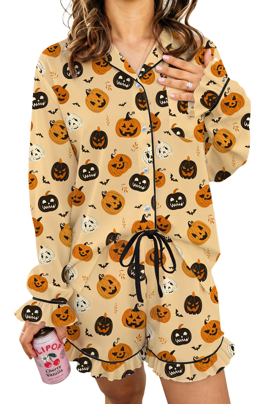 Orange Long Sleeve Ruffle Pumpkin Face Print Two Piece Lounge Set