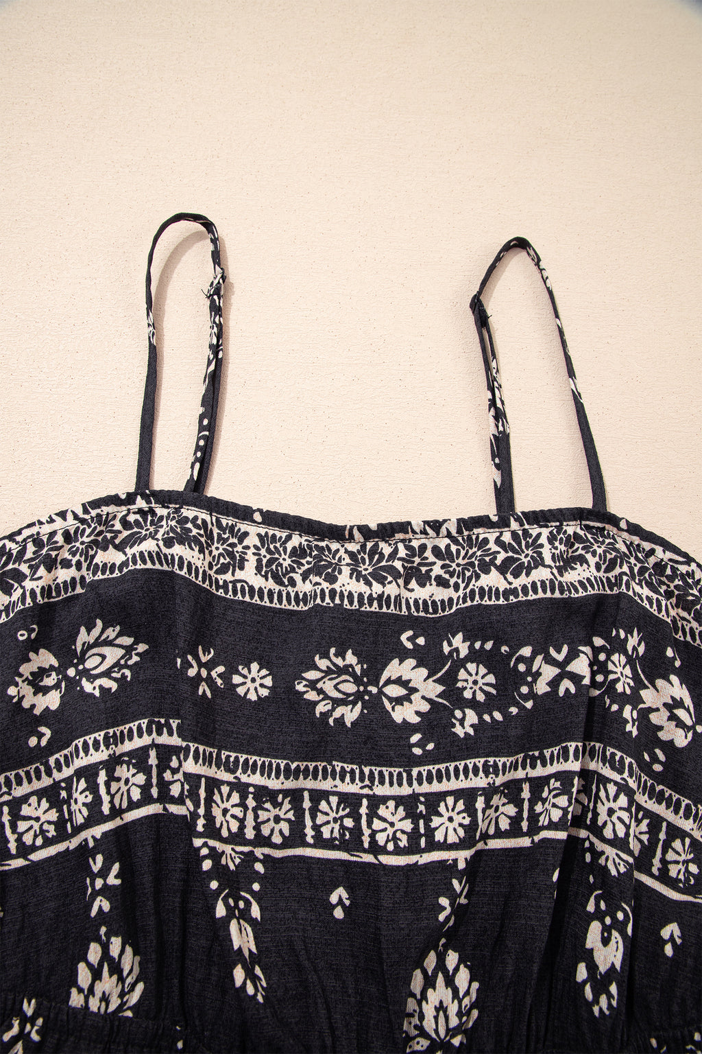 Black Spaghetti Straps Elastic Waist Loose Ethnic Print Jumpsuit