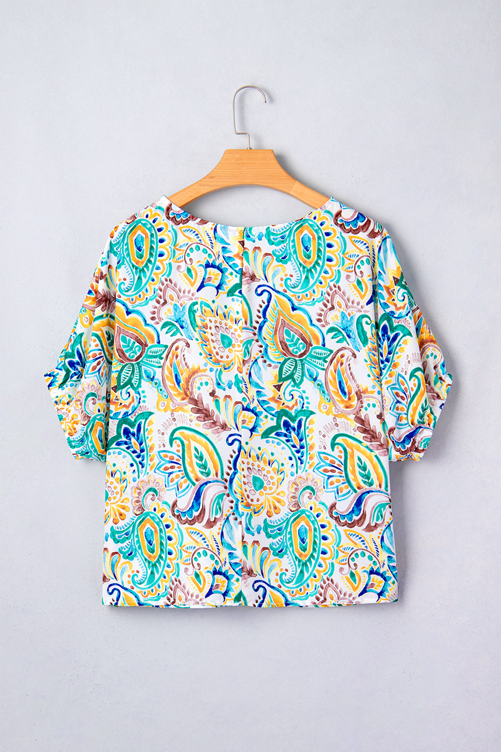 Green Boho Paisley Floral Printed Puff Sleeve Blouse