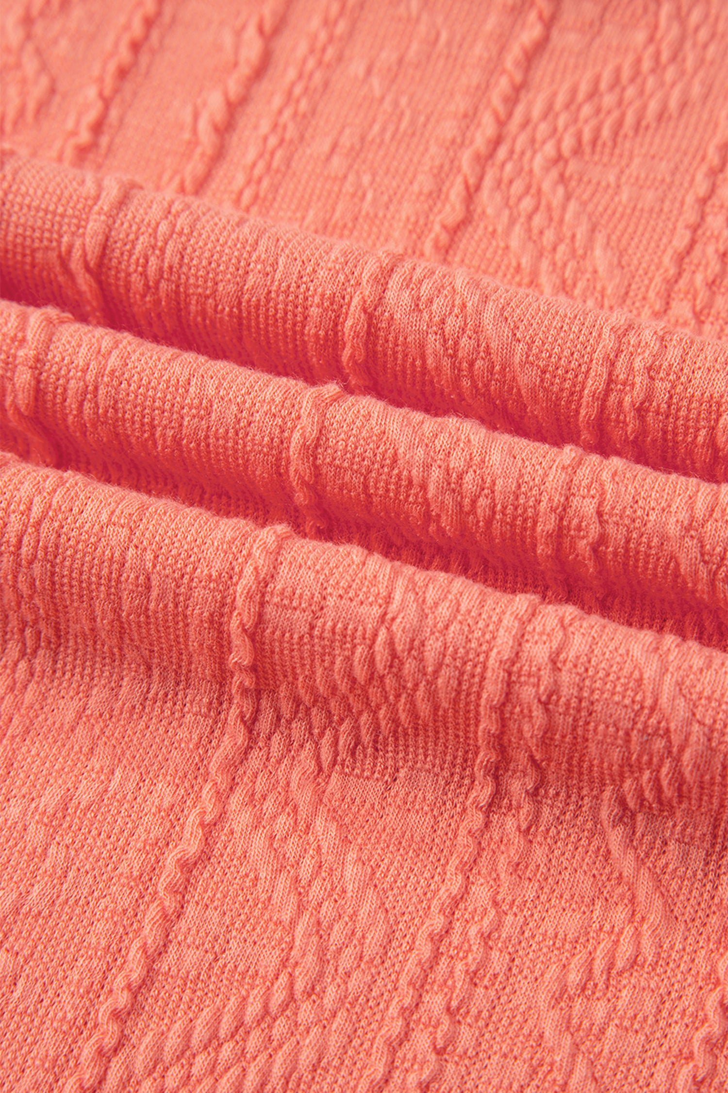 Grapefruit Orange Crochet Floral Accent V Neck Textured Pants Set