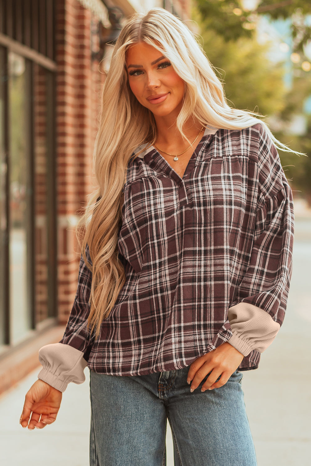 Brown Plaid Patchwork Long Sleeve Button Hooded Blouse