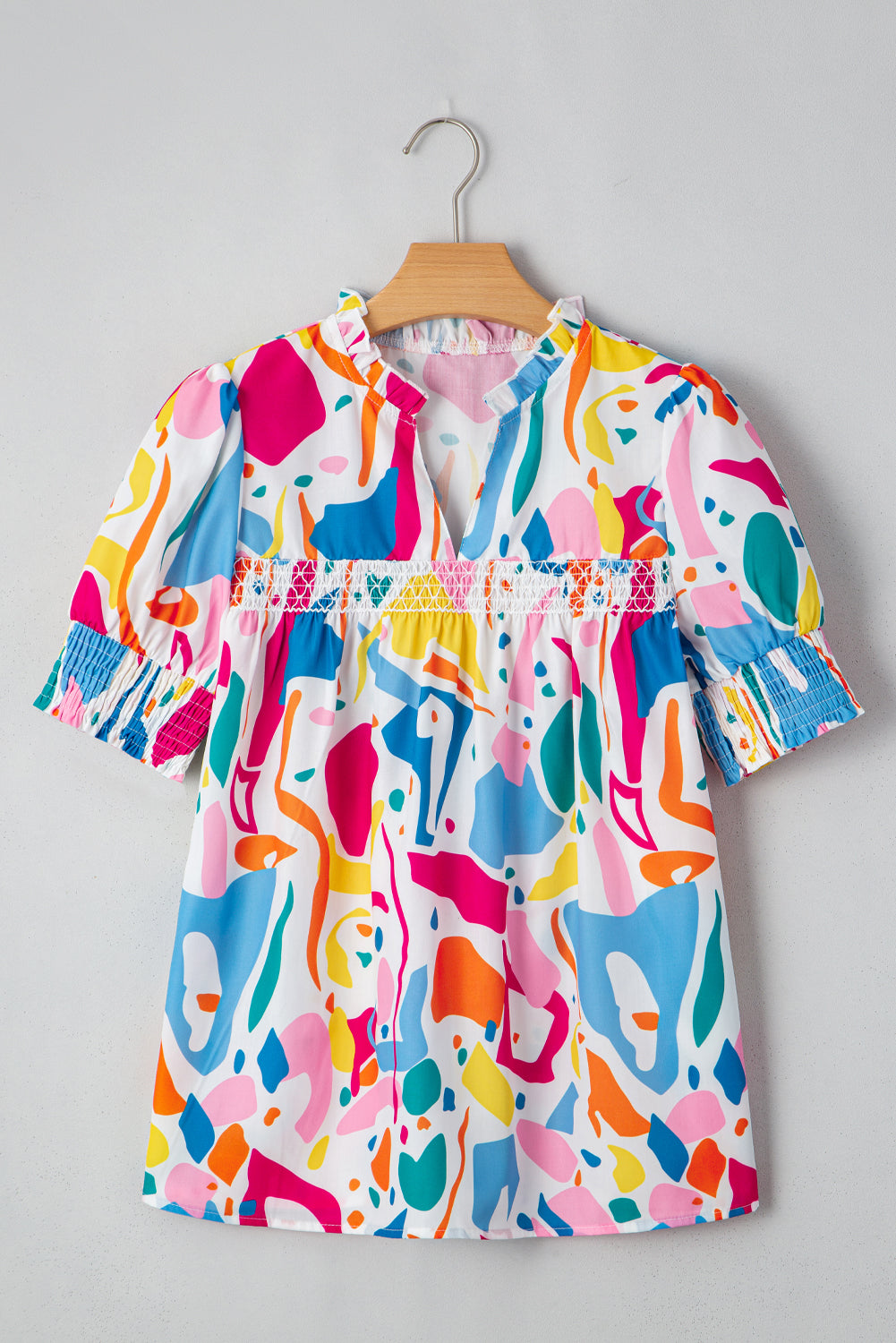 Multicolour Abstract Print Lace Detail Shirred Short Sleeve Split Neck Blouse