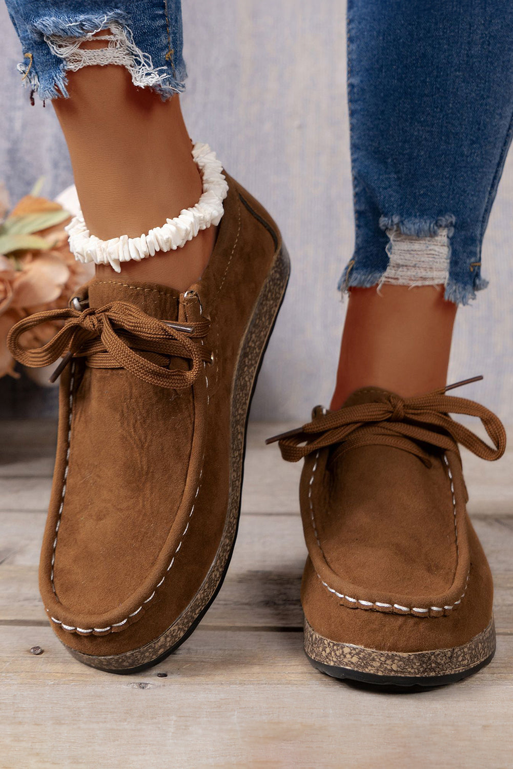 Coffee Thick Sole Lace-up Casual Shoes