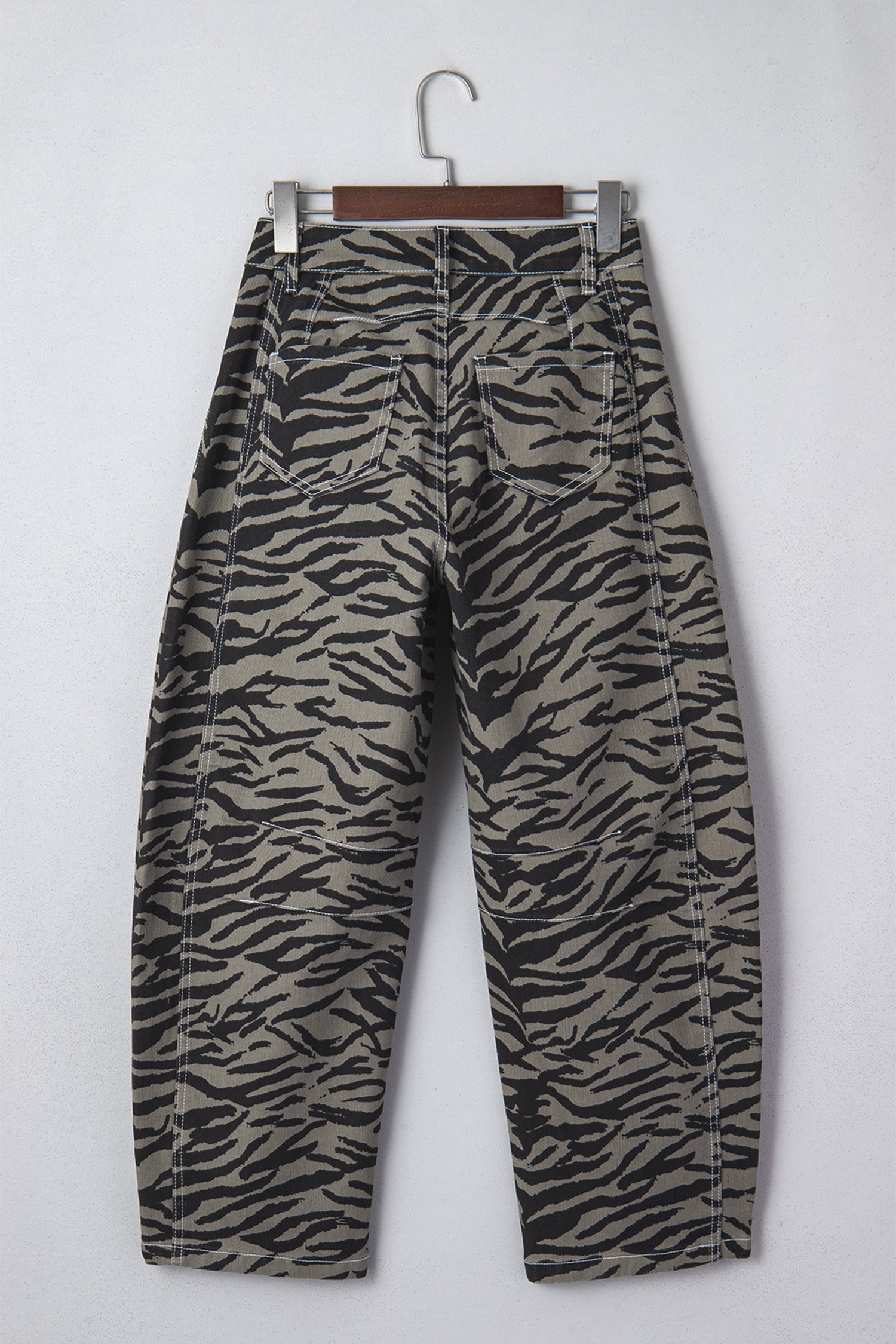 Gray Zebra Stripe Printed Wide Leg Barrel Jeans