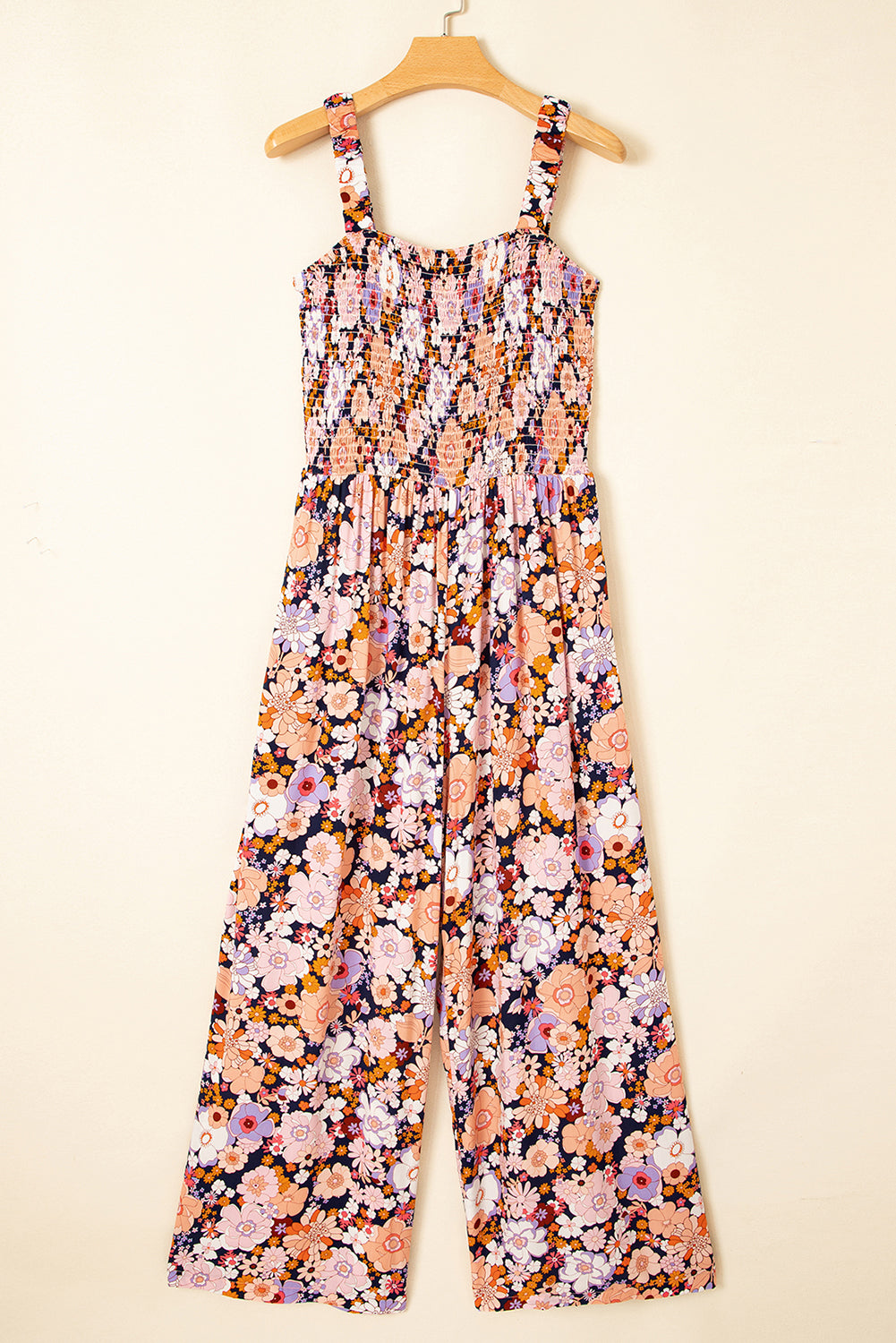 Black Floral Print Smocked High Waist Square Neck Jumpsuit