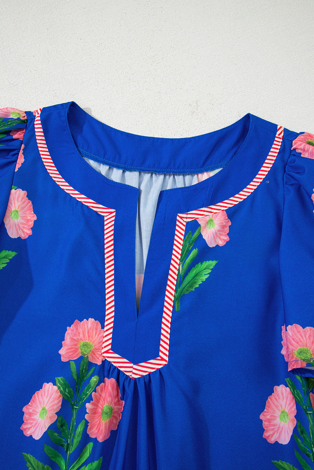 Blue Floral Short Sleeve Split Neck Loose Mini Dress