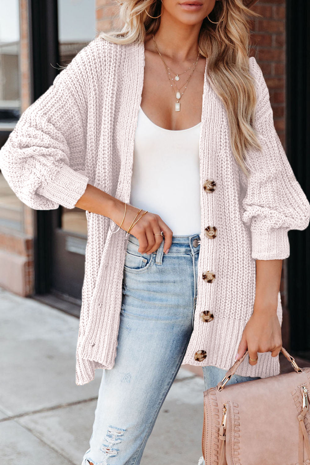 Pink Buttoned Front Drop Shoulder Knitted Cardigan