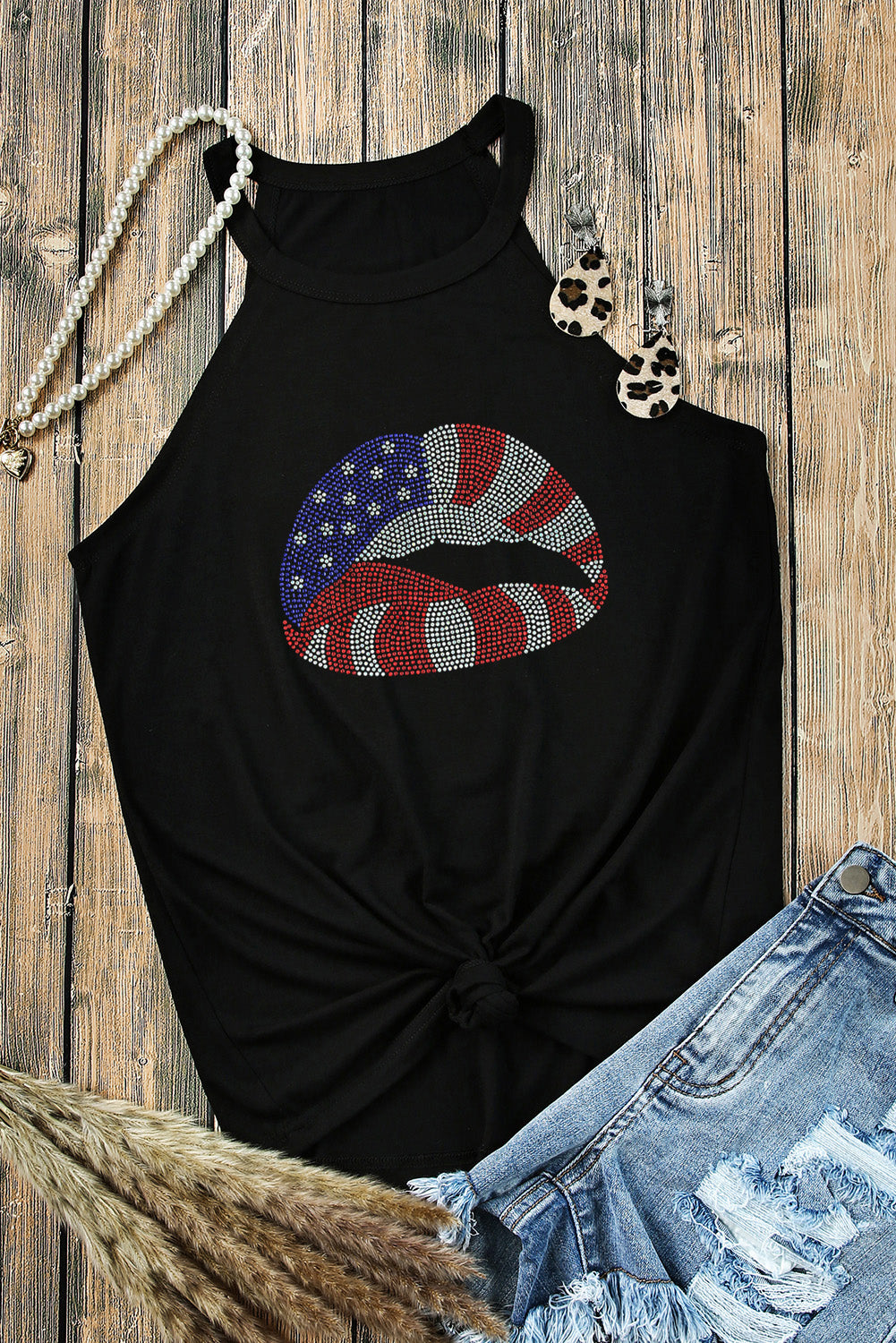 Black USA Flag Lips Graphic Tank Top