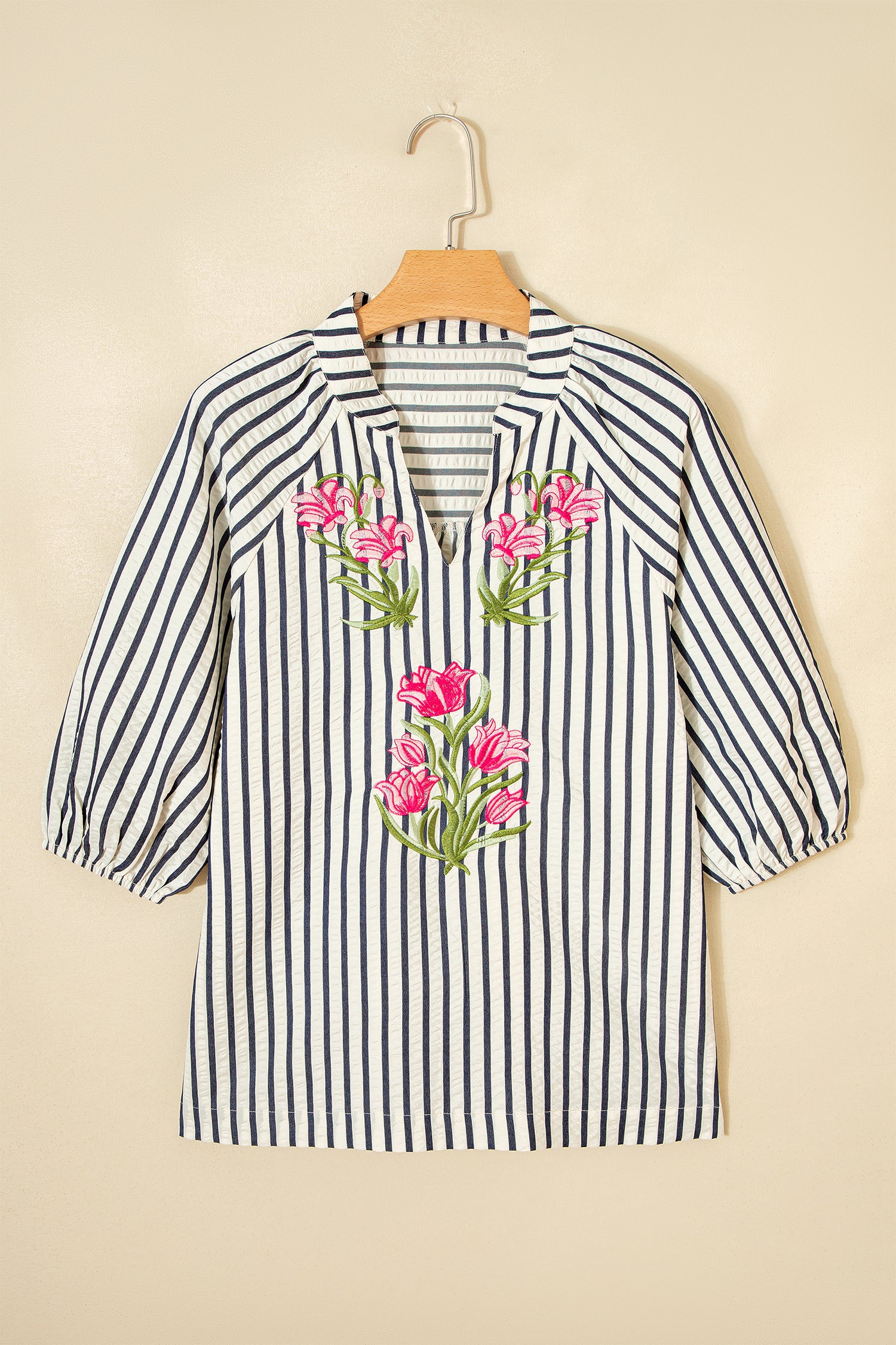 Blue Stripe Floral Embroidered Detail V Neck Short Sleeve Blouse