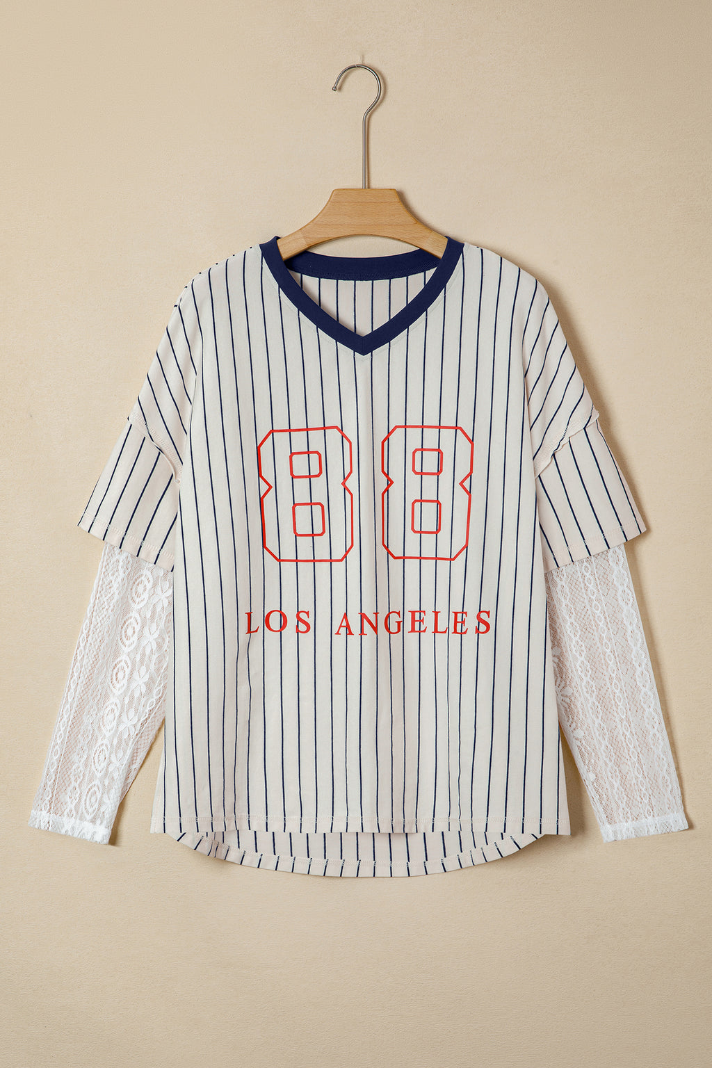 Blue Stripe 88 LOS ANGEL Graphic Lace Patchwork Faux Two Piece V Neck Top