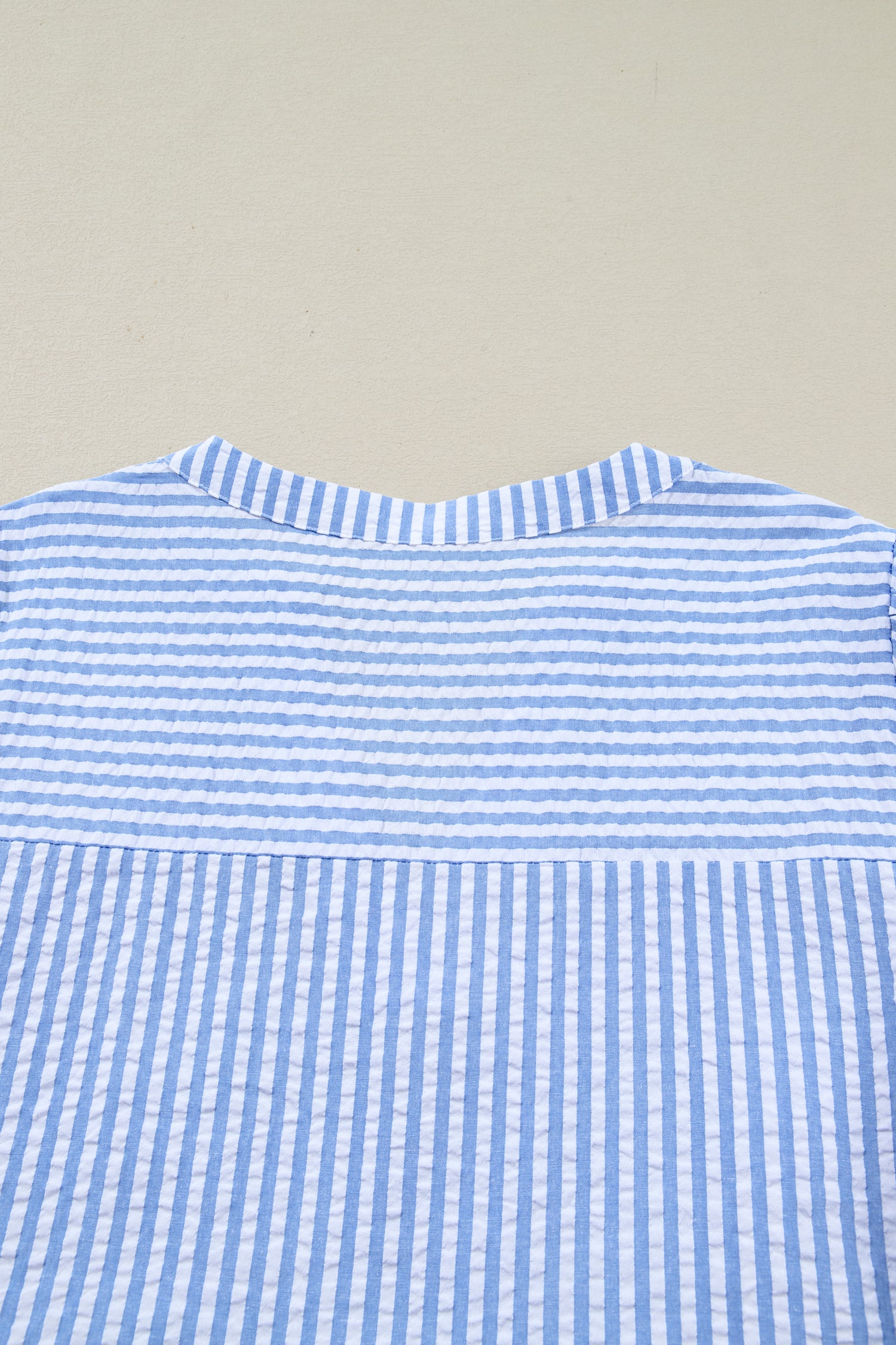 Sky Blue Stripe Seersucker Textured Notched Neck Long Puff Sleeve Tiered Curvy Dress