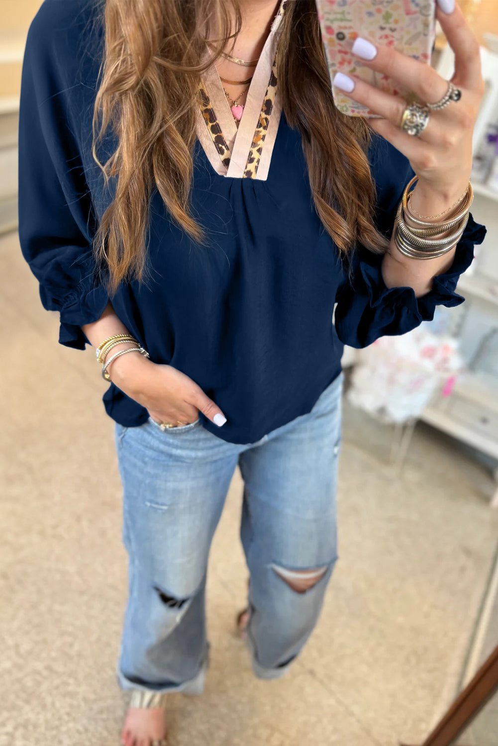 Dirty blue Leopard Trim V Neck Flounced Bracelet Sleeve Blouse