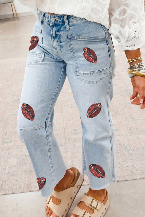 Beau Blue Sequin Rugby Pattern Raw Hem Casual Jeans