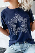 Blue Rhinestone Star Graphic Crewneck T Shirt