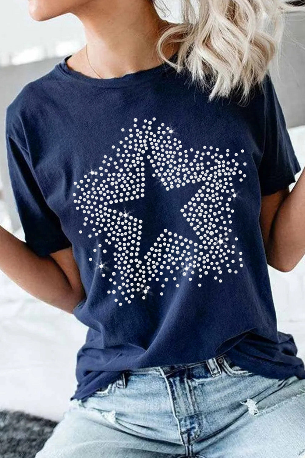 Blue Rhinestone Star Graphic Crewneck T Shirt