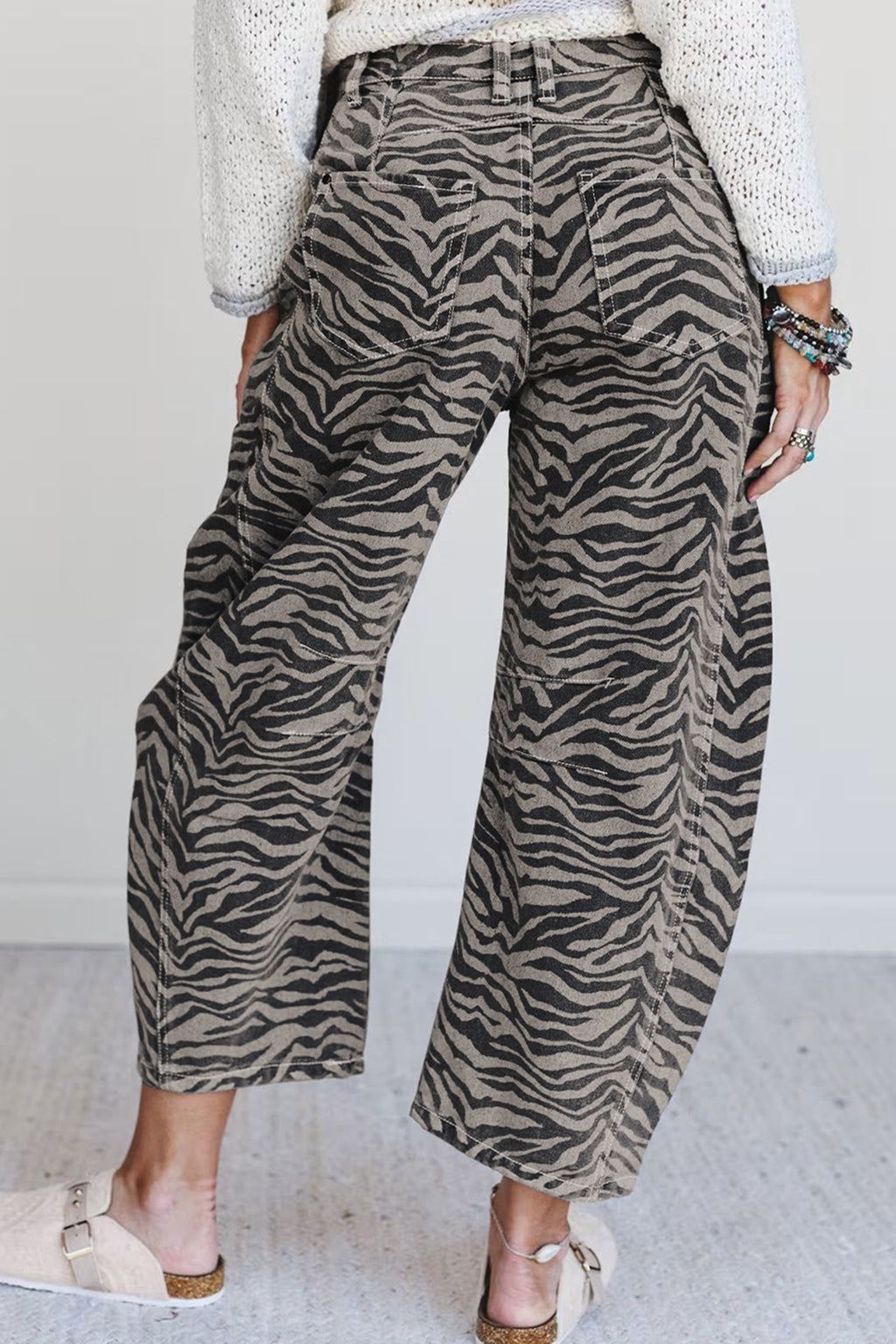 Gray Zebra Stripe Printed Wide Leg Barrel Jeans