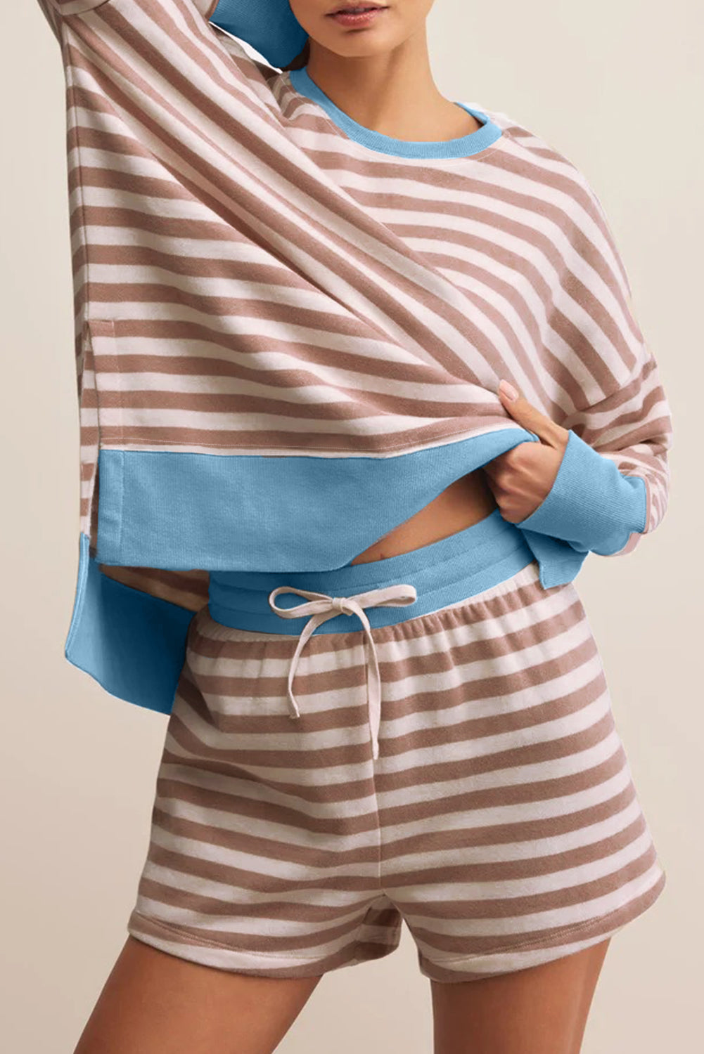 Khaki Stripe Contrast Edge Drop Shoulder Pullover and Shorts Plus Size Set