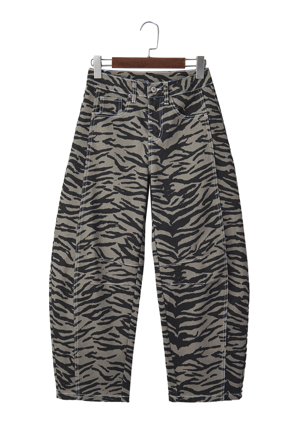 Gray Zebra Stripe Printed Wide Leg Barrel Jeans