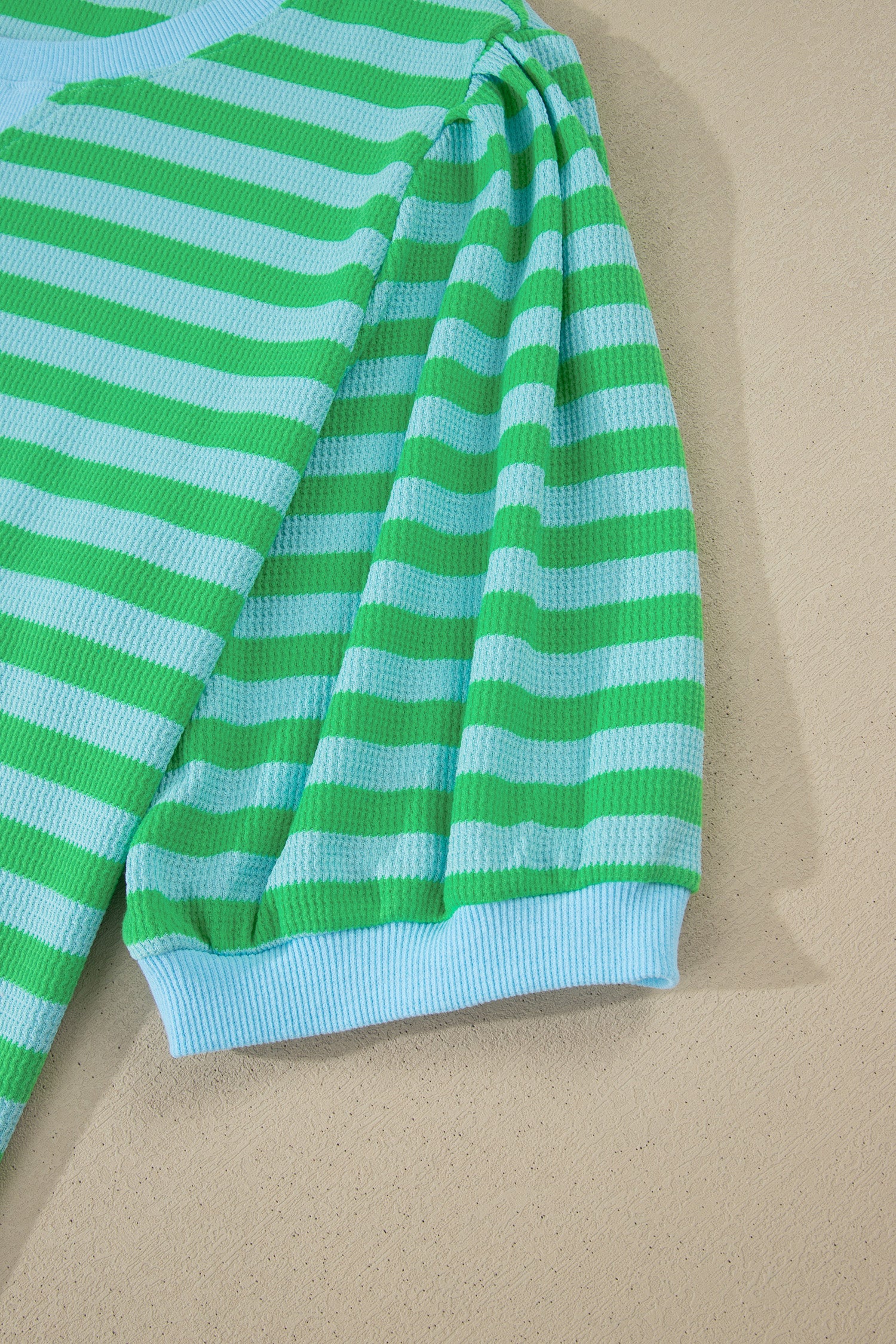 Green Stripe Plus Size Colorblock Detail Puff Sleeve Top Drawstring Shorts 2pcs Outfit