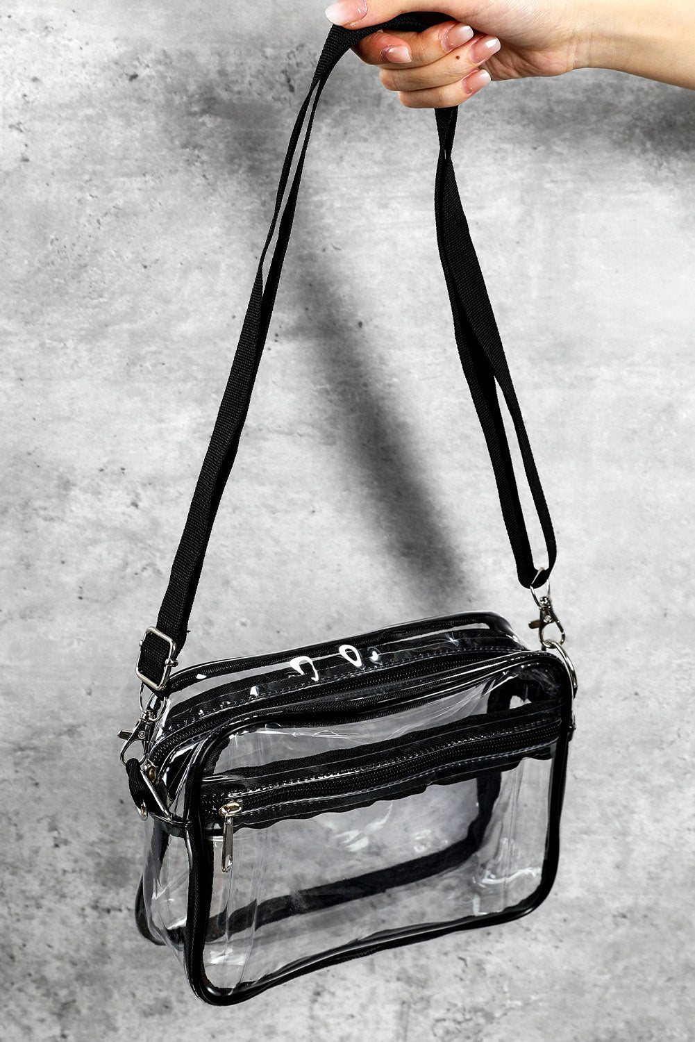 Black Multi-Pocket Contrast Edge Detachable Strap Clear Shoulder Bag