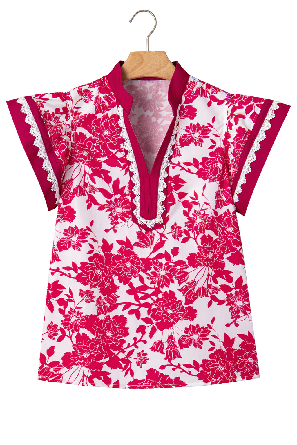 Red Floral Print Color Block Trim Lace Detail V Neck Flutter Sleeve Blouse