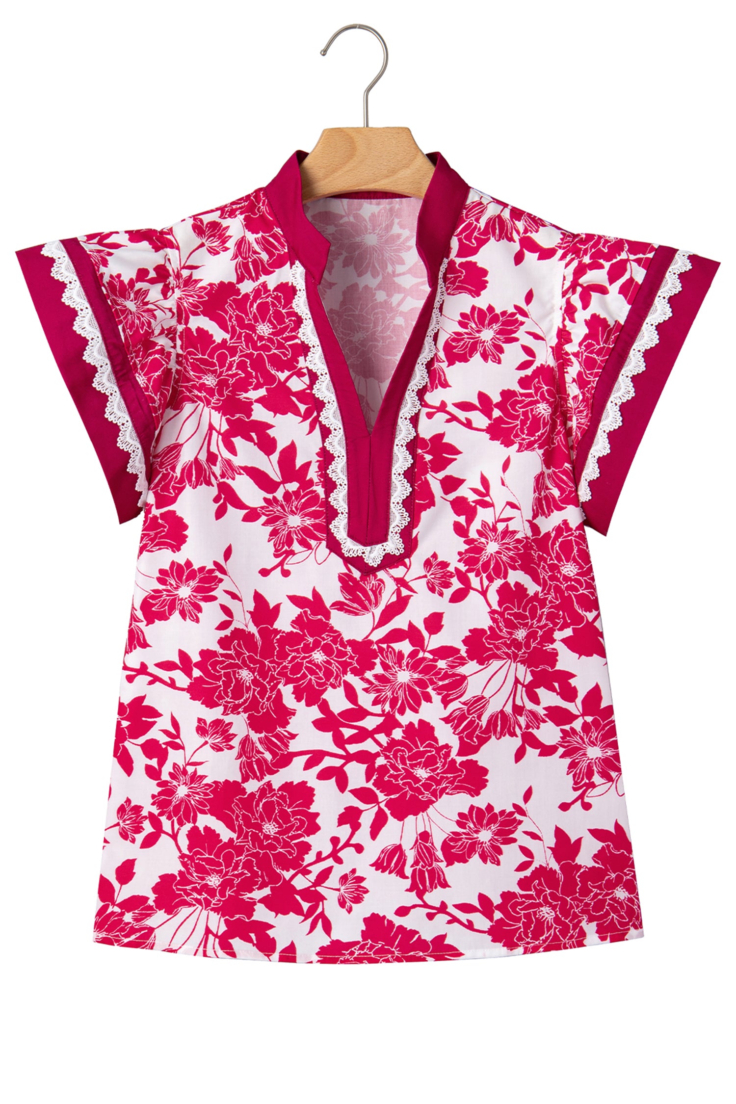 Red Floral Print Color Block Trim Lace Detail V Neck Flutter Sleeve Blouse