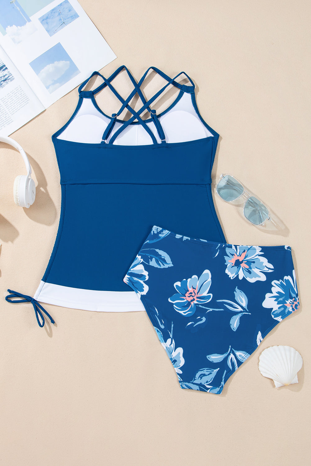 Prussian Blue Drawstring Tummy Control Mix-and-match 2pcs Tankini Swimsuit