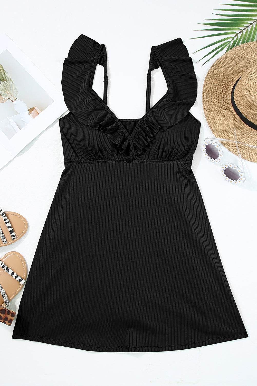 Black Textured Ruffle Trim V Neck Sleeveless One Piece Flared Swimdress