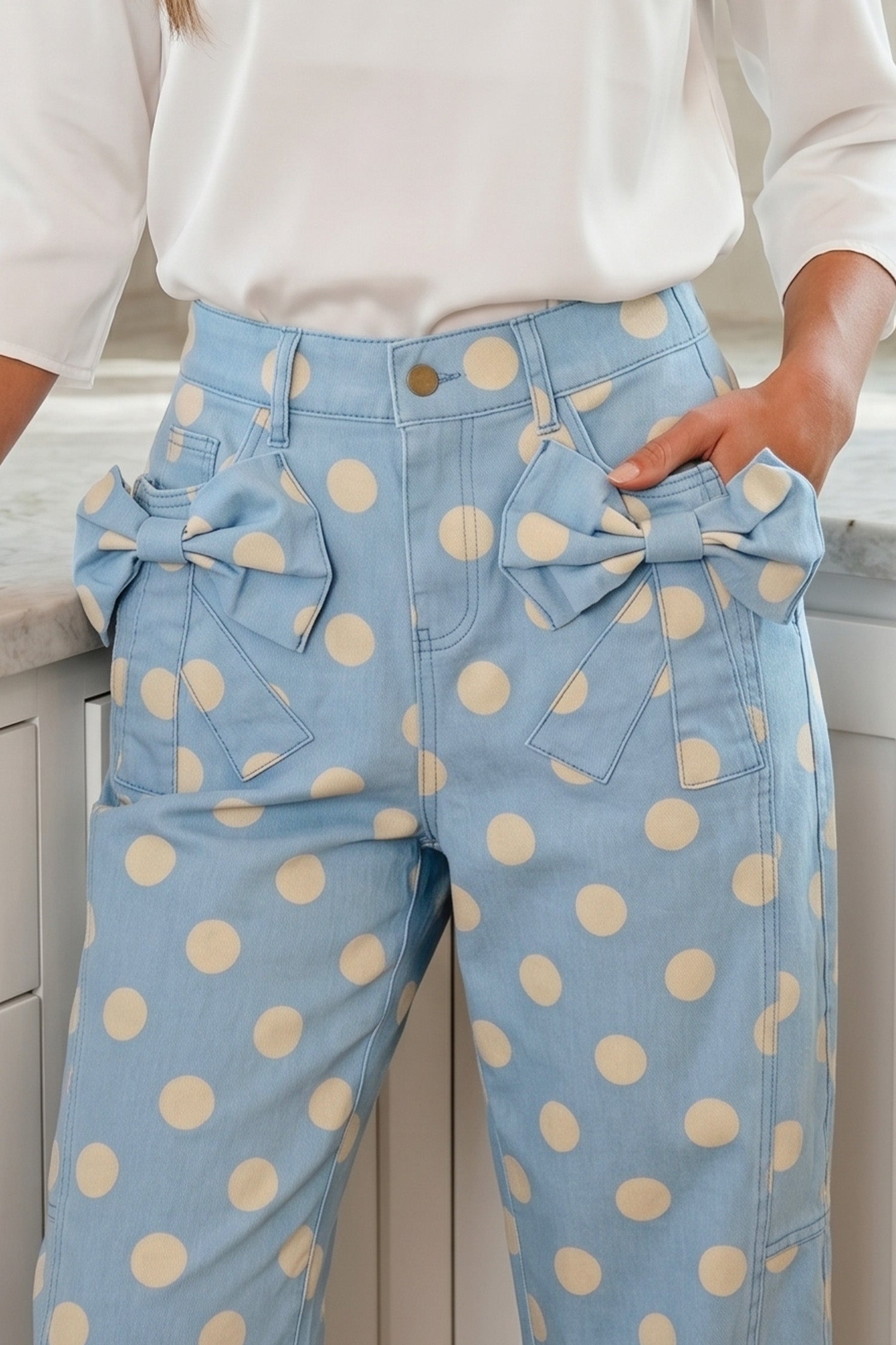 Sky Blue Polka Dot Print Bow Detail Pocketed Barrel Jeans